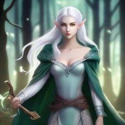 A light blue-skinned elf with white hair and green eyes, holding a bow