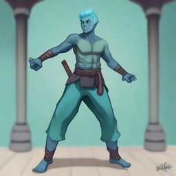 A blue-grey non-binary half-orc person who is tall and lean with teal and aqua hair in a martial art pose