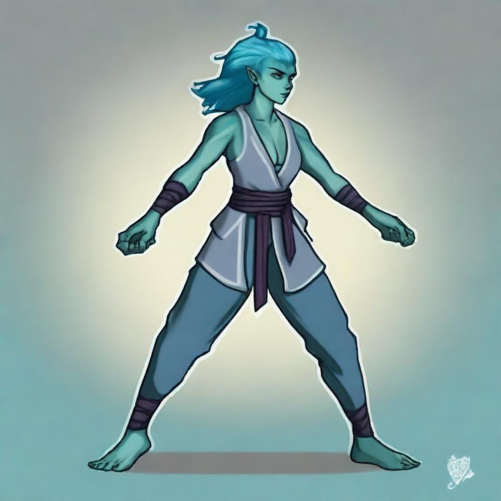 A blue-grey non-binary half-orc person who is tall and lean with teal and aqua hair in a martial art pose