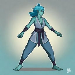 A blue-grey non-binary half-orc person who is tall and lean with teal and aqua hair in a martial art pose