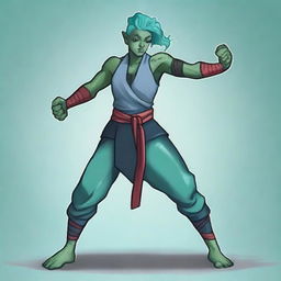 A blue-grey non-binary half-orc person who is tall and lean with teal and aqua hair in a martial art pose