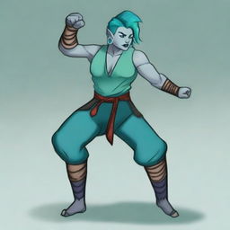 A blue-grey non-binary half-orc person who is tall and lean with teal and aqua hair in a martial art pose