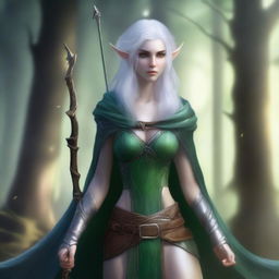 A female Eldrin Elf with blue skin, white hair, and green eyes