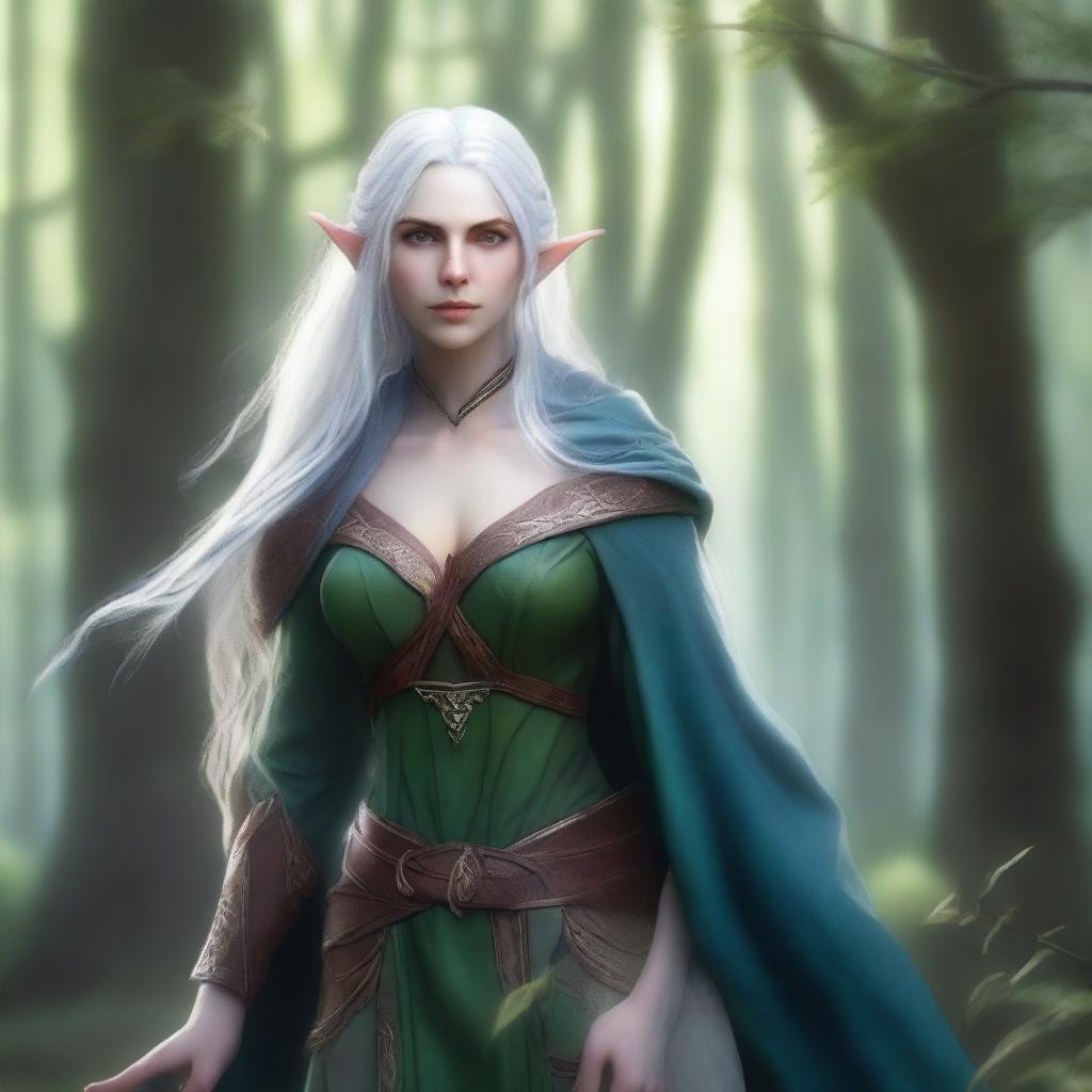 A female Eldrin Elf with blue skin, white hair, and green eyes