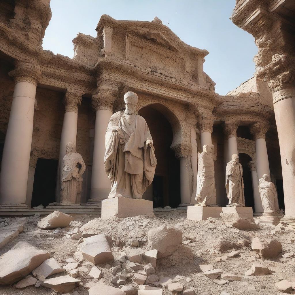 A dramatic scene showing the destruction of historical and old statues in Iran