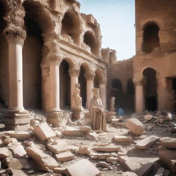 A dramatic scene showing the destruction of historical and old statues in Iran