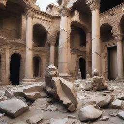 A dramatic scene showing the destruction of historical and old statues in Iran