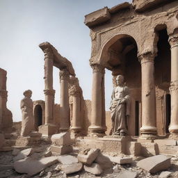 A dramatic scene showing the destruction of historical and old statues in Iran