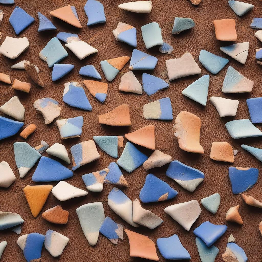 A detailed image of broken pottery shards scattered across the ground