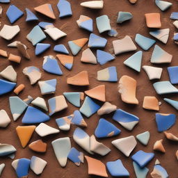 A detailed image of broken pottery shards scattered across the ground