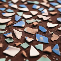 A detailed image of broken pottery shards scattered across the ground