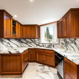 An I-shaped kitchen design with modern amenities, white marble countertops, stainless steel appliances, and sleek wooden cabinets