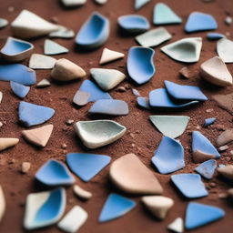 A detailed image of broken pottery shards scattered across the ground