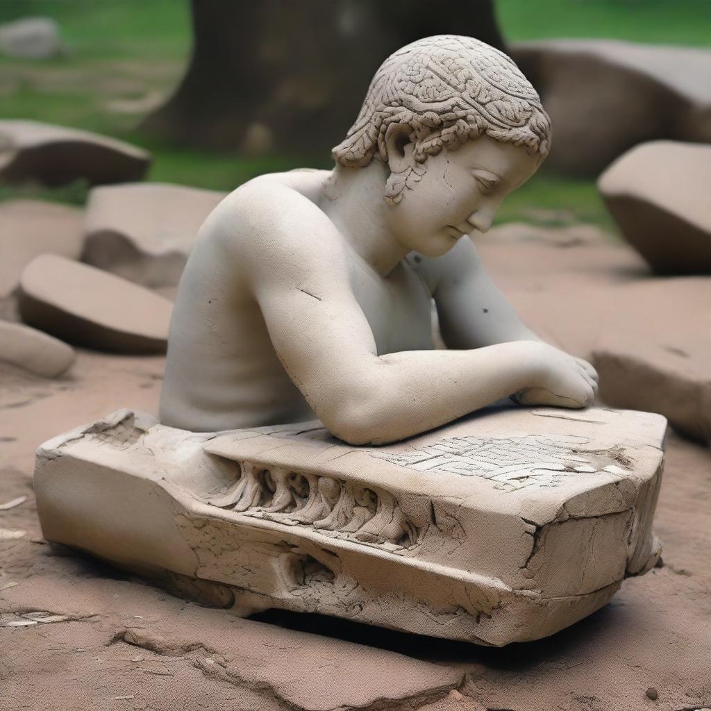 A detailed image of an ancient, fragmented statue lying on the ground