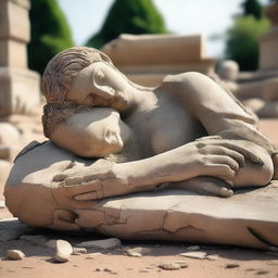 A detailed image of an ancient, fragmented statue lying on the ground