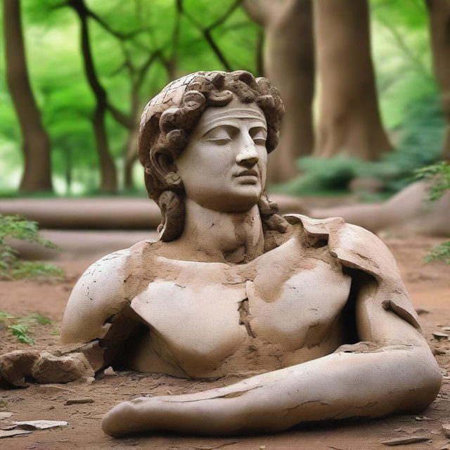 A detailed image of an ancient, fragmented statue lying on the ground