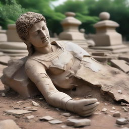 A detailed image of an ancient, fragmented statue lying on the ground