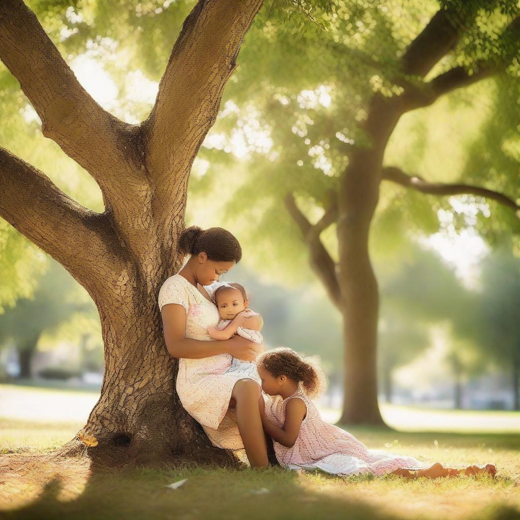 A heartwarming scene under the shade of a tree, with a mother embracing her child and friends surrounding them