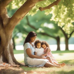 A heartwarming scene under the shade of a tree, with a mother embracing her child and friends surrounding them