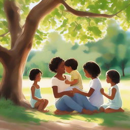 A heartwarming scene under the shade of a tree, with a mother embracing her child and friends surrounding them