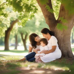 A heartwarming scene under the shade of a tree, with a mother embracing her child and friends surrounding them