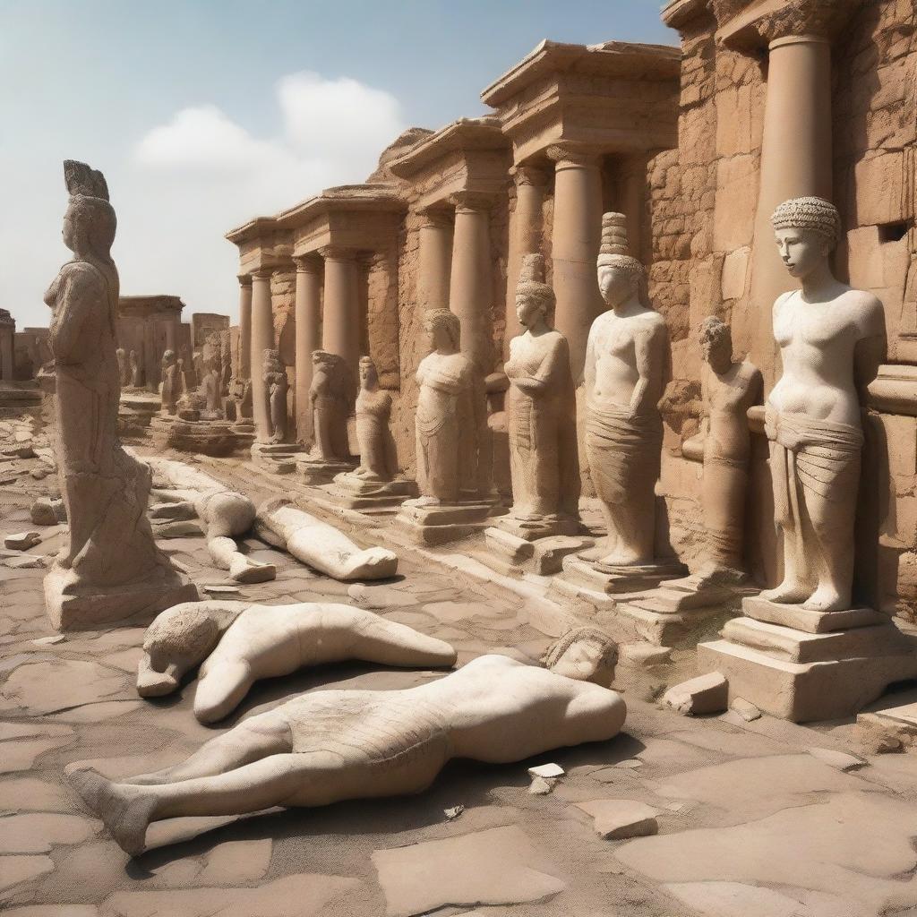 A detailed image of multiple ancient, fragmented statues lying on the ground