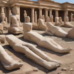 A detailed image of multiple ancient, fragmented statues lying on the ground