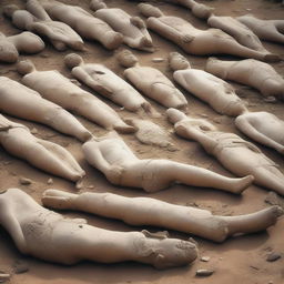 A detailed image of multiple ancient, fragmented statues lying on the ground