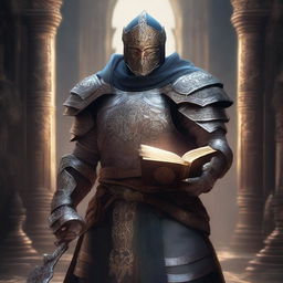 A humanoid cleric wearing heavy armor, holding a mace in one hand and a book in the other