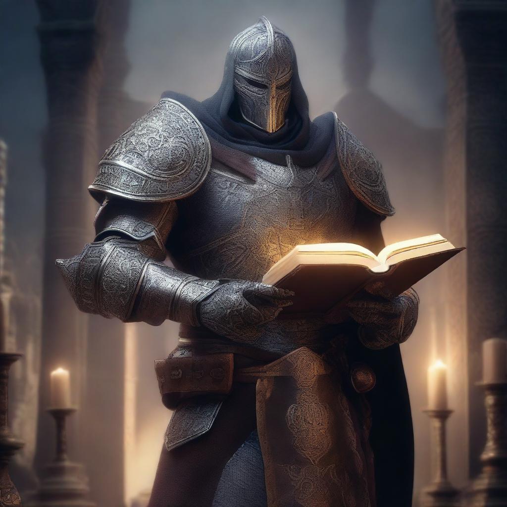 A humanoid cleric wearing heavy armor, holding a mace in one hand and a book in the other