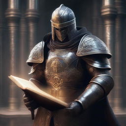 A humanoid cleric wearing heavy armor, holding a mace in one hand and a book in the other