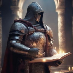 A humanoid cleric wearing heavy armor, holding a mace in one hand and a book in the other