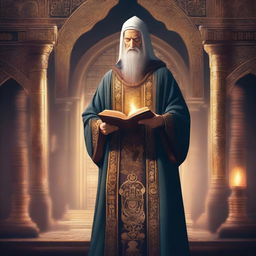 A cleric holding a mace in one hand and a book in the other