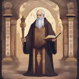 A cleric holding a mace in one hand and a book in the other