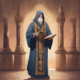 A cleric holding a mace in one hand and a book in the other