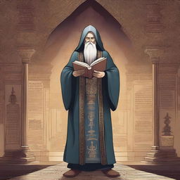 A cleric holding a mace in one hand and a book in the other