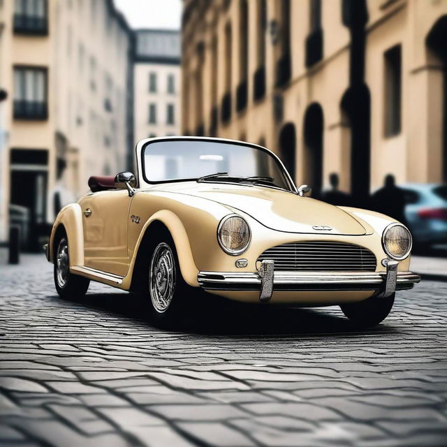 A detailed image of an Audi TT car with the front end designed like a classic Porsche 356