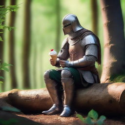 A medieval warrior eating an ice cream while sitting on a log