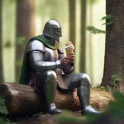 A medieval warrior eating an ice cream while sitting on a log