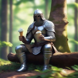 A medieval warrior eating an ice cream while sitting on a log