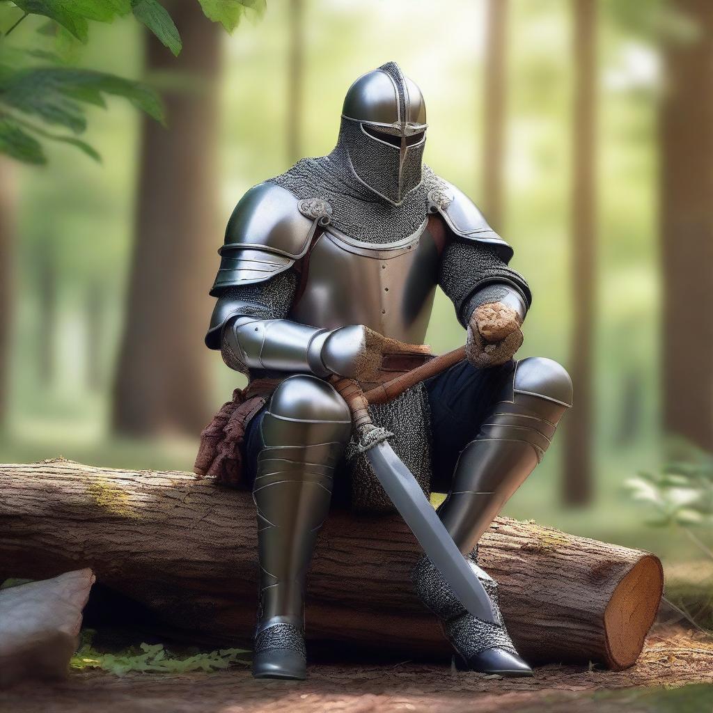 A medieval warrior eating an ice cream while sitting on a log