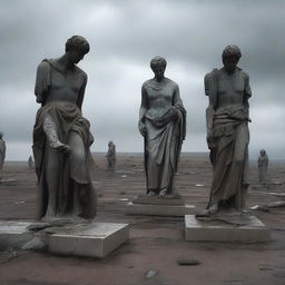 A scene depicting fragmented and cracked statues scattered on the ground