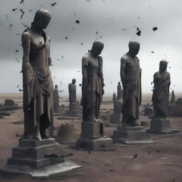 A scene depicting fragmented and cracked statues scattered on the ground