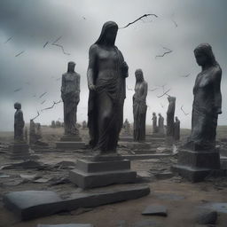 A scene depicting fragmented and cracked statues scattered on the ground