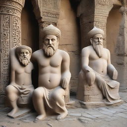 A detailed depiction of ancient and historical Iranian statues that are fragmented and cracked, lying on the ground