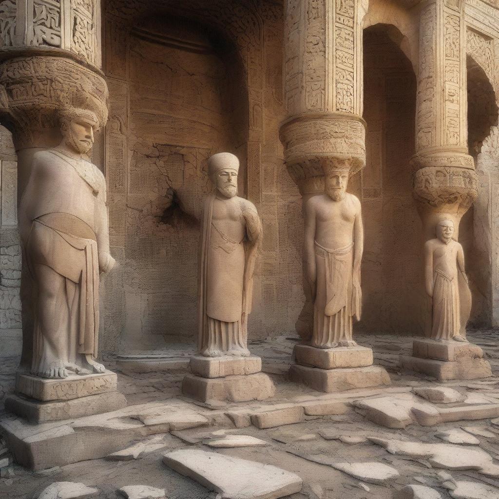 Ancient and historical Iran with broken and cracked statues scattered on the ground