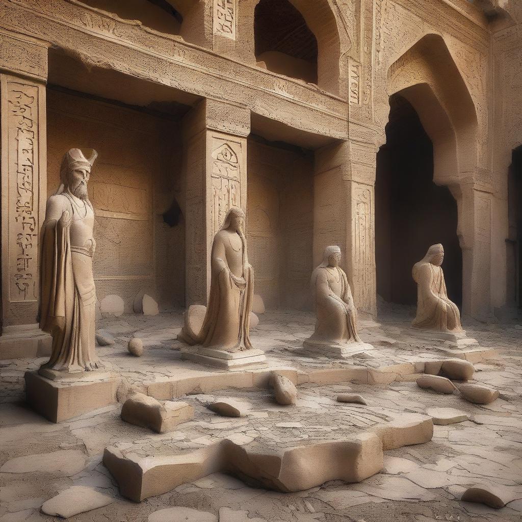 Ancient and historical Iran with broken and cracked statues scattered on the ground