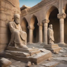 Ancient and historical Iran with broken and cracked statues scattered on the ground