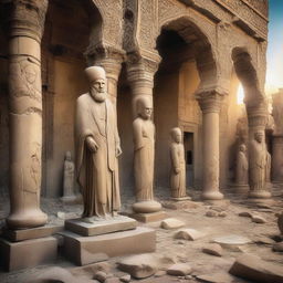 Ancient and historical Iran with broken and cracked statues scattered on the ground