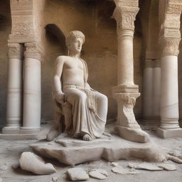 A historical and ancient statue from Iran that is broken into pieces and scattered on the ground